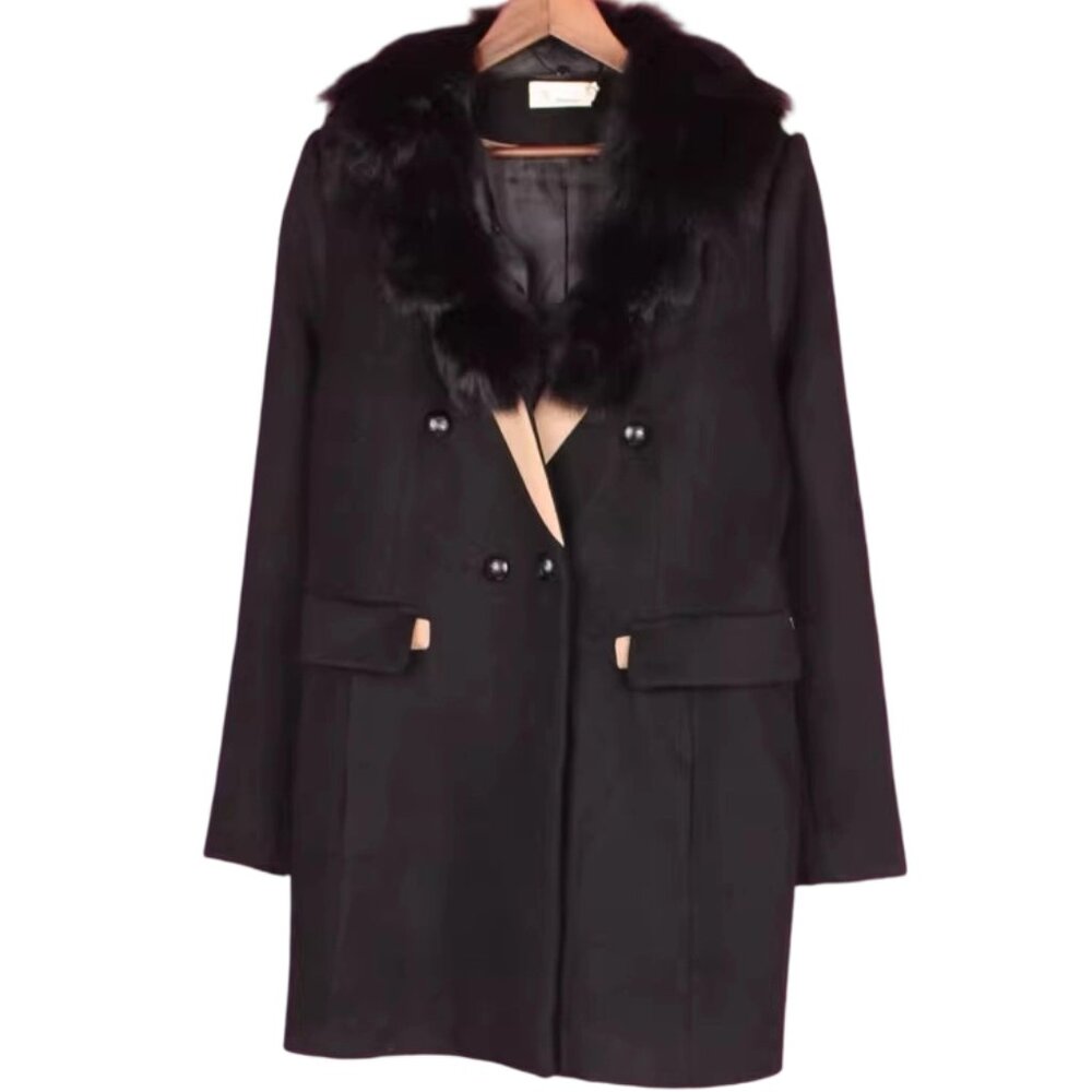 NWT Genuine Fox Fur Collar Wool Double-Breasted Black Coat Removable Fur Collar